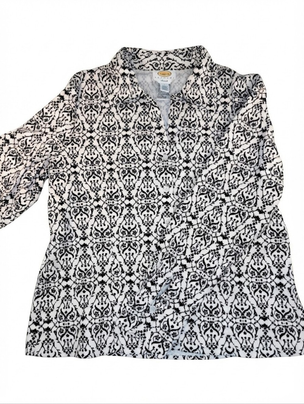 Talbots Petites Black and White Damask Stretch Blouse Size L